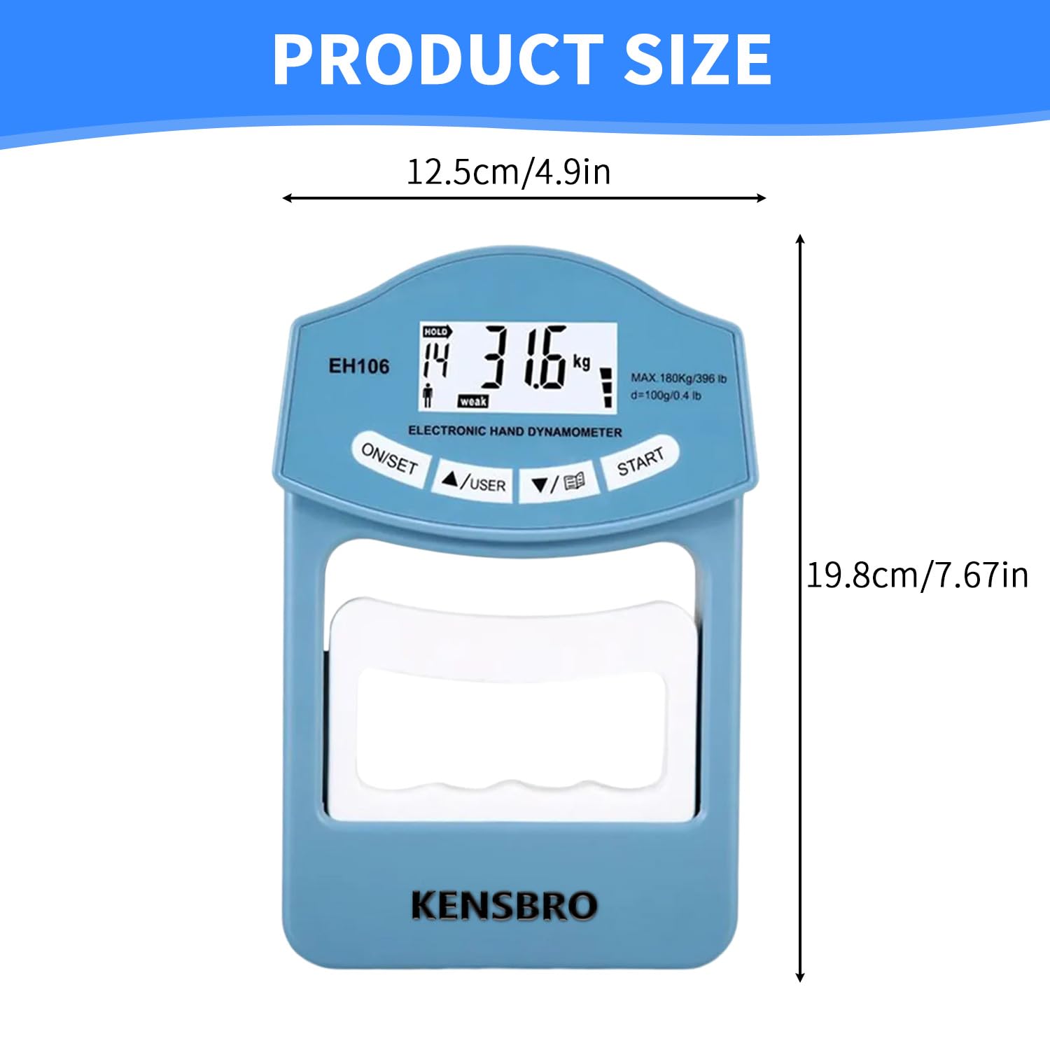 Dynamomètre à Main Électronique, Dynamomètre 396lb/180kg, Dynamomètre à Main Numérique, Ecran LED, Dynamomètre Manuel Numerique avec Câble de Charge USB