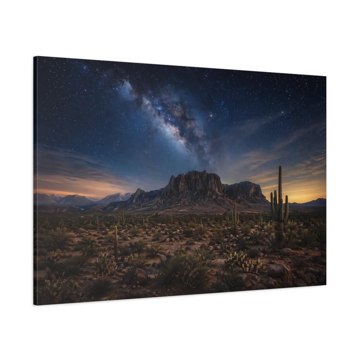 Nature Milky Way Blue Desert Sky Canvas Wall Art Print – Realistic Living Room, Above Sofa 24×16 inch (60×40 cm) - Horizontal / 1.25 inch (3 cm)