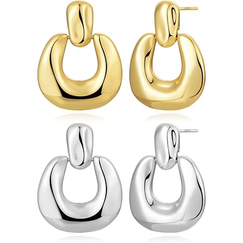 Gold Silver Statement Earrings for Women Hypoallergenic Geometric Drop Dangle Trendy Chain Knot Chunky Long Twisted Silver Earring 14K Gold Vintage Minimalist Retro Formal Earrings Jewelry Gift