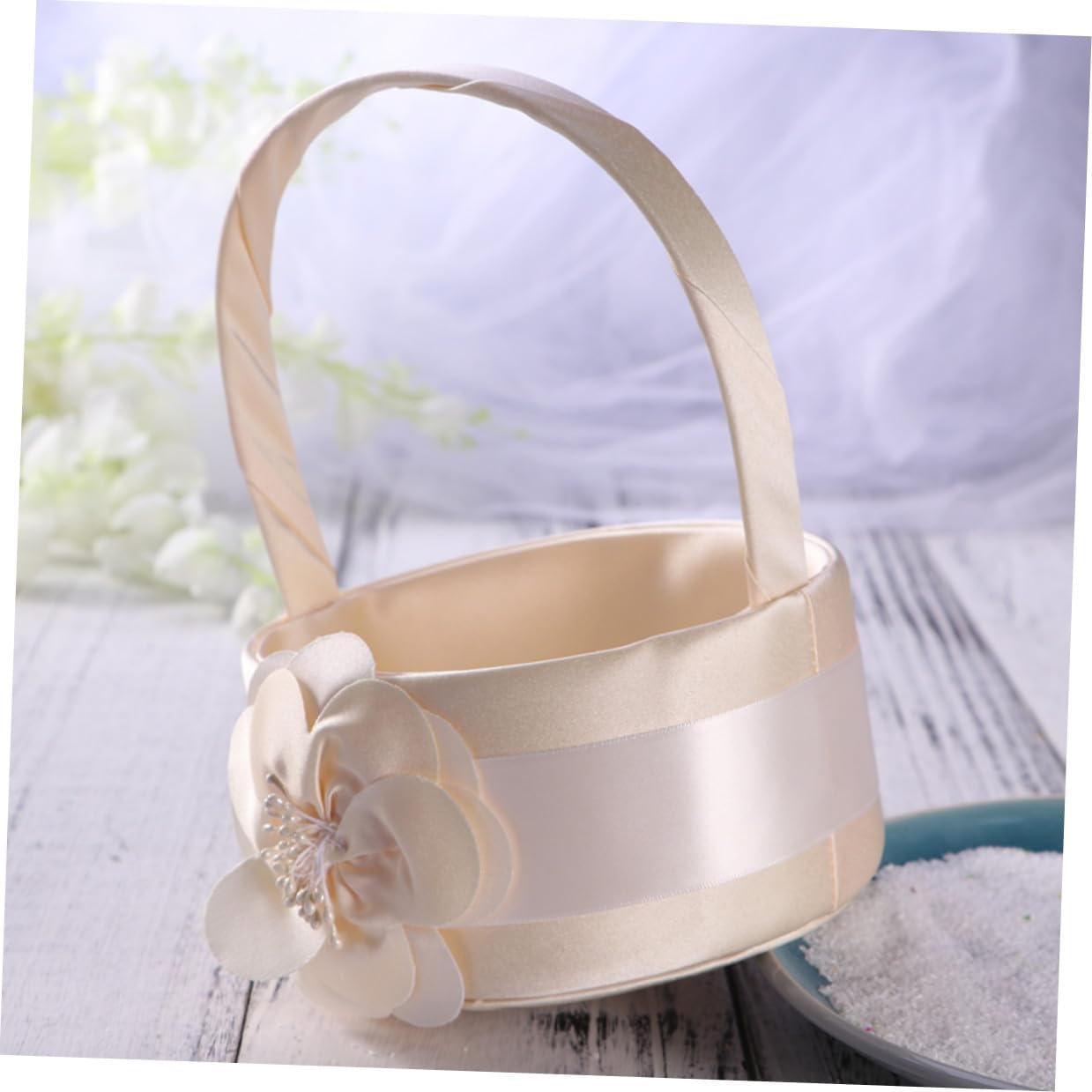 Satin Flower Girl Basket with Handle 2pcs Wedding Flower Basket for Wedding Party Ceremony Supplies
