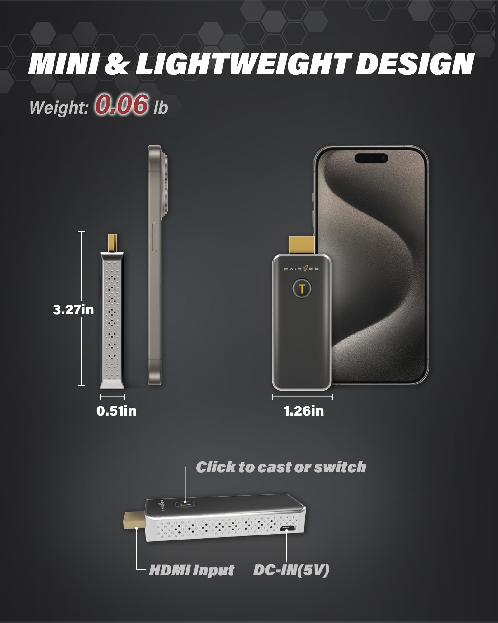 FAIRBEE Wireless HDMI Transmitter 98ft (TX Only), WH100 Mini Portable 5G/2.4G HDMI Transmitter - Supports Up to 16 Transmitters to 1 Receiver, Plug and Play for Conference/Classroom/Office