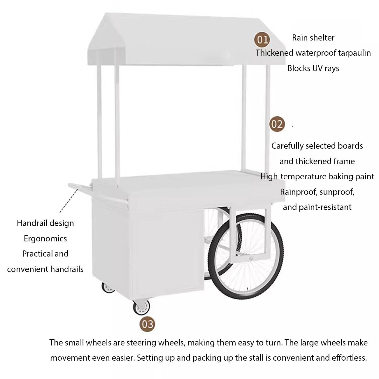 Carrito de Comida Callejero,Móvil de Venta Ambulante de Comida,Almacenamiento Abierto, Gran Capacidad de Carga,Acabado Pintado,para Tiendas minoristas en Calles.(Wit,140 * 70 * 200cm)