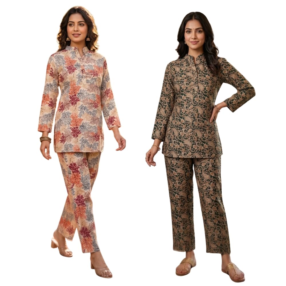 Women's Printed Cotton Long Sleeve Top and Straight Pant Co-Ord Set Combo-image-19
