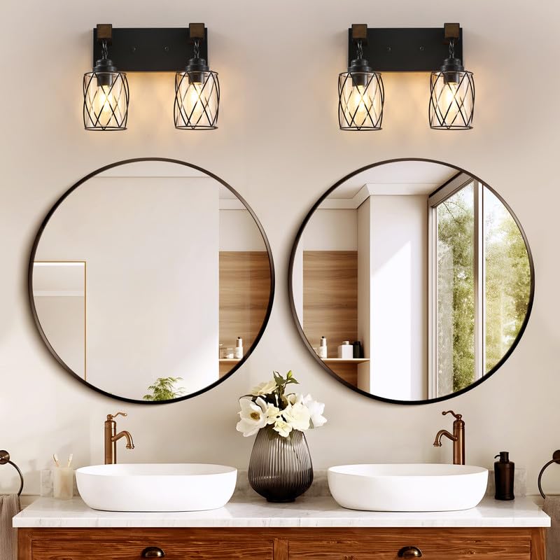 Image of Bathroom Light Fixtures, Farmhouse Wood & Black Metal with Glass Shade | 2 Light Rustic Vanity Lights, Mounted Over Mirror For Bathroom, Bedroom and Hallway, Easy To Install