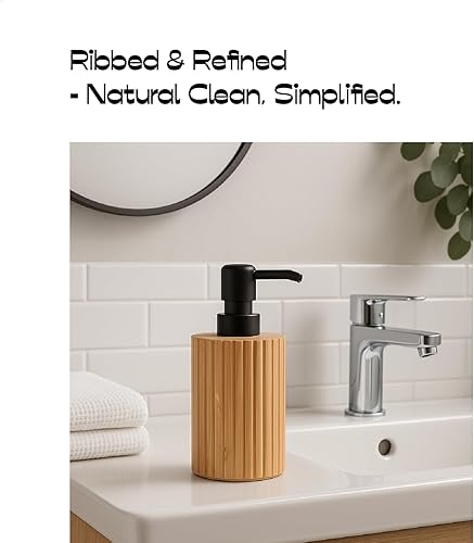 Miniatura 5 de Elegante dispensador de jabón de bambú acanalado bohemio, dispensador de loción de granja recargable de 7 onzas para baño o cocina, accesorio de