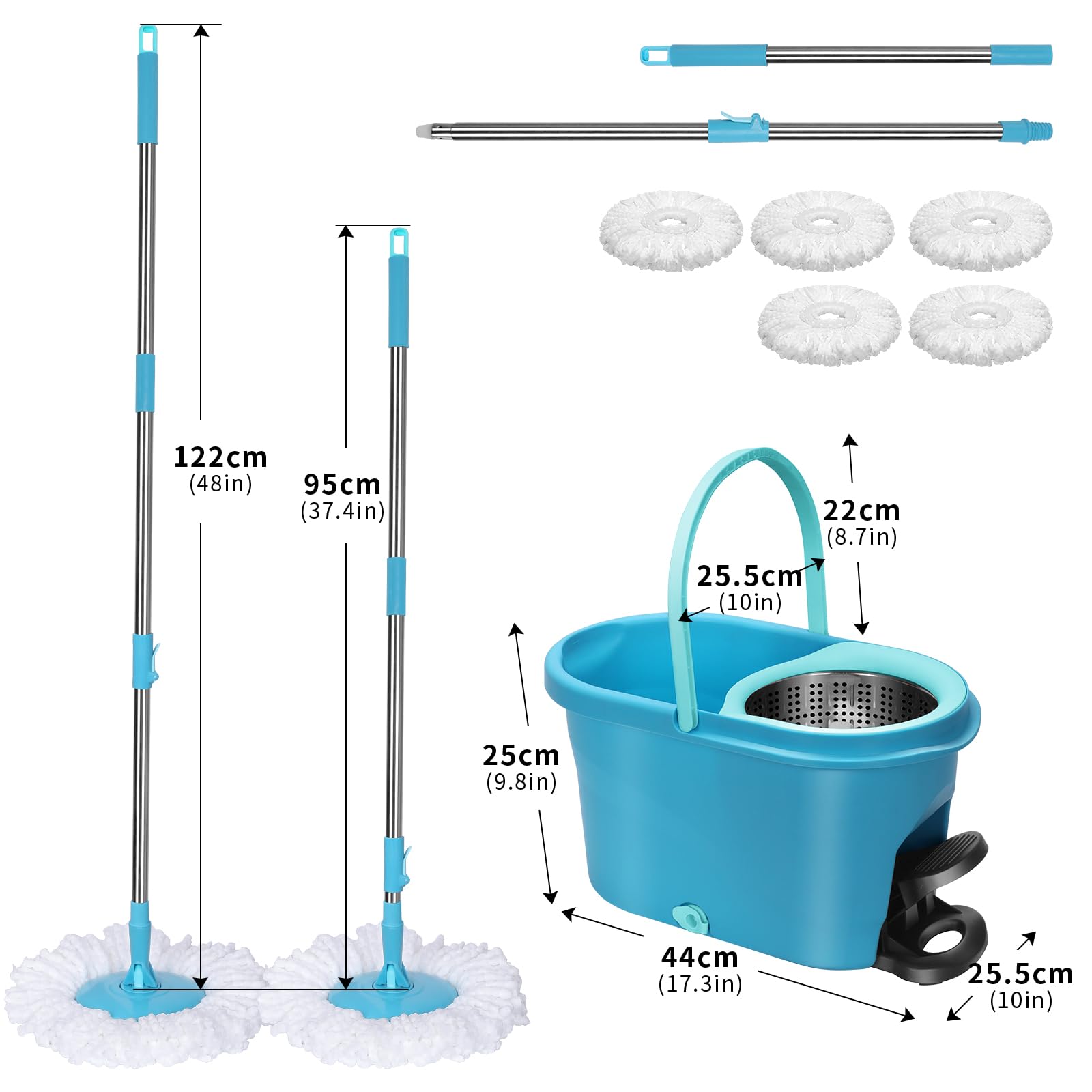 Seau Essoreur, Masthome Balai à Frange et Seau à Pédale, Seau Serpillere avec Tête de Mop Rotative à 360, Balai avec 5 Serpillères Réutilisables en Microfibre, pour Nettoyage Sols