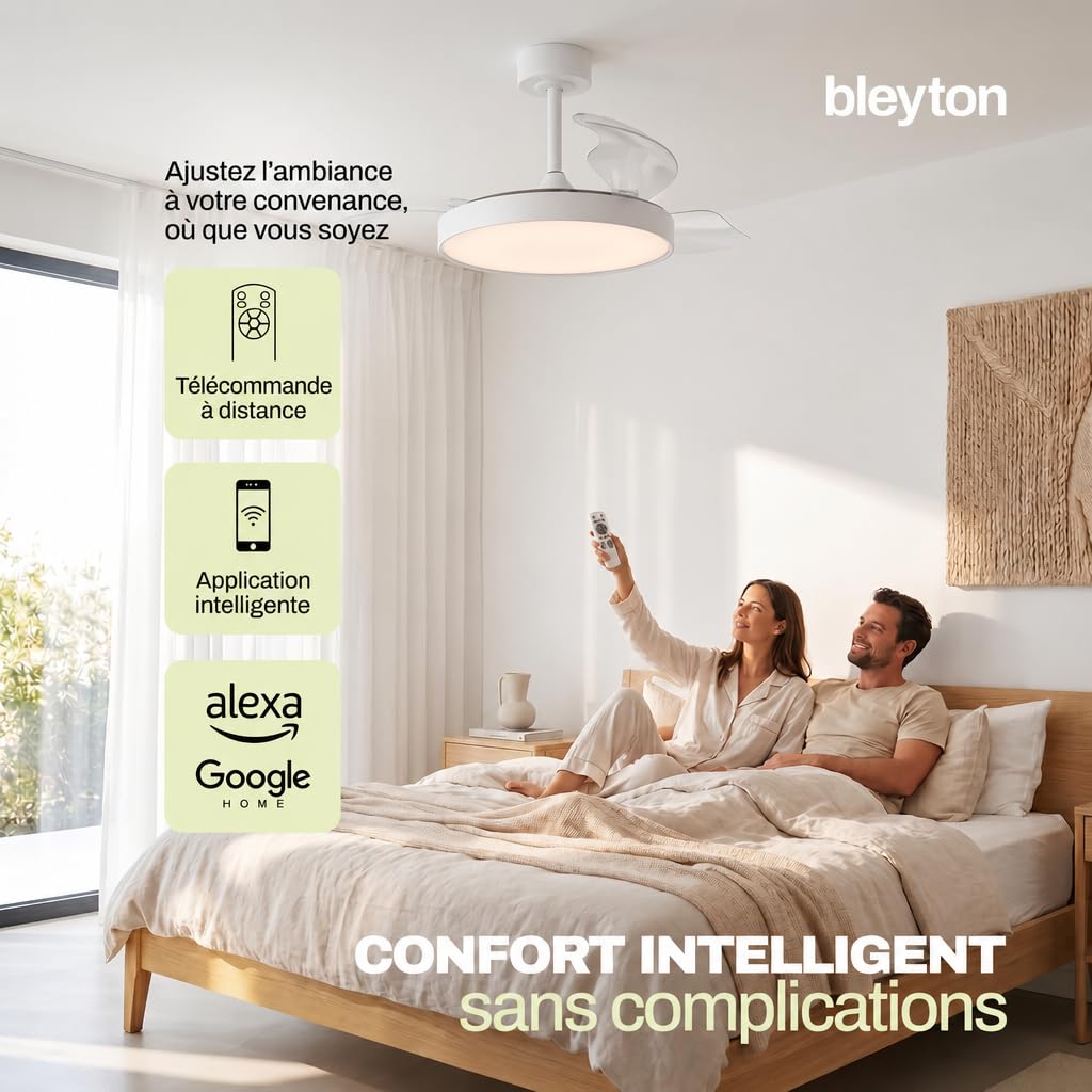 BLEYTON Ventilateur de plafond à pales rétractables moteur CC silencieux 36W 107 cm | Ventilateur NOVA avec commande par télécommande et WIFI, App et Voix | Couleur Blanc Lumière LED | 6 vitesses |