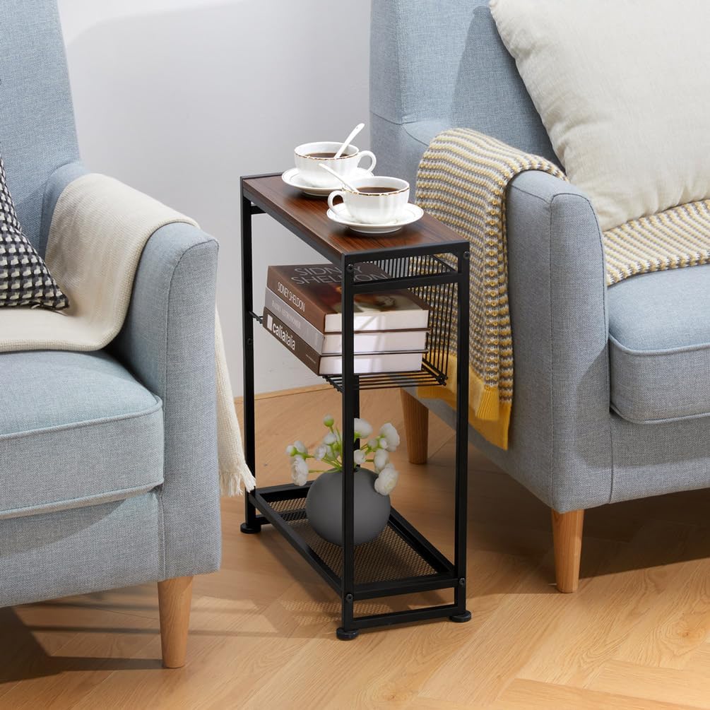 Dulcii Small Side Table for Small Spaces - Slim End Table with Magazine Holder - 2 in 1 Design Narrow End Table Living Room - Skinny Bedside Table Nightstand Bedroom Thin Side Table, Cherry