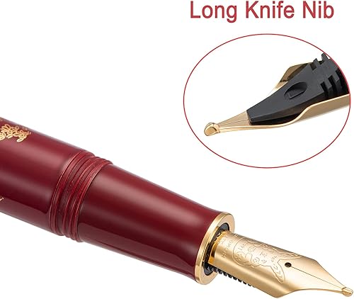 Miniatura 2 de HONG DIAN N23 Pluma Estilográfica Conejo Rojo, Plumín Mediano de Hoja Larga con Adornos Dorados, Diseño de Tallado de Conejo de la Suerte de Año