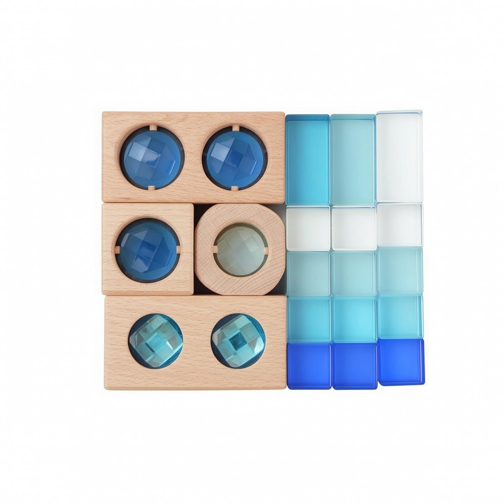 Gioco di Costruzioni in Legno | Traslucido, Set di Blocchi con Vassoio Legno, Trasparenti, per Tavolo Luminoso, Asilo,