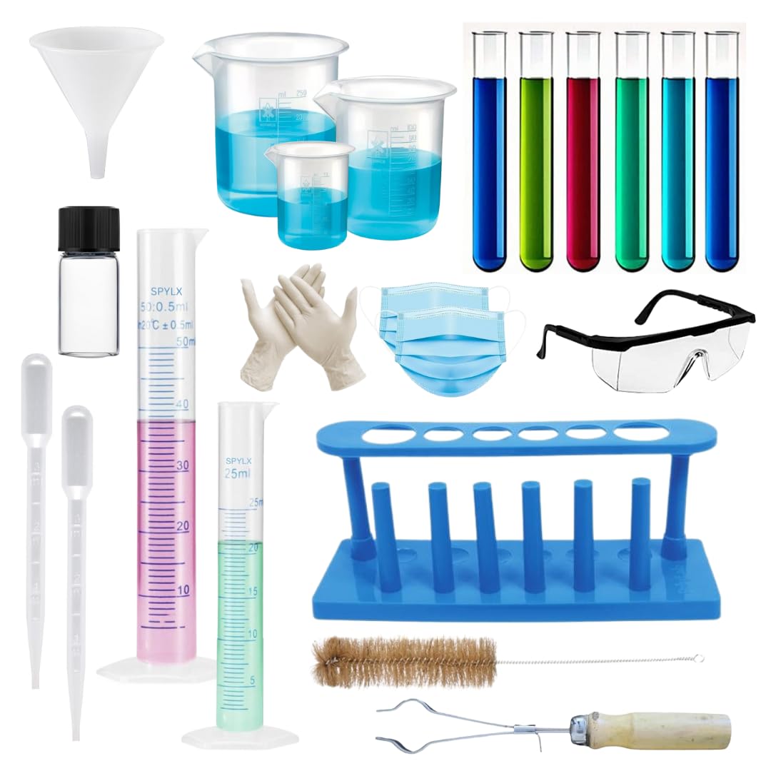 SPYLX Lab Experiment Kit – Test Tubes, Beakers, Vial, Measuring Cylinders, Droppers, Funnel & Complete Safety Gear Complet...