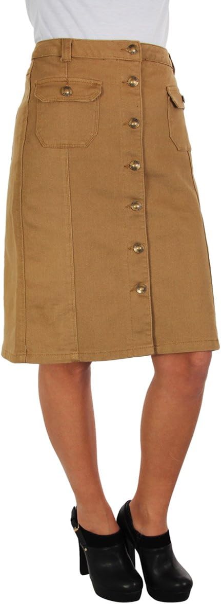 Womens Military Combat Cargo Midi Knee Long A Line Button Skirt Jeans Denim