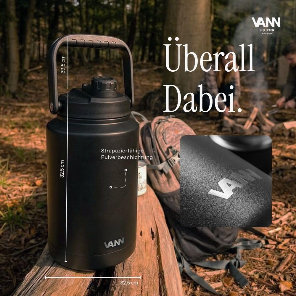 VANN Thermoflasche Groß 3,8L - Trinkflaschen Edelstahl [12h kalt, 8h warm] - Thermo Trinkflasche, ideal als Wasserflasche für den Innen- und Außenbereich - BPA-Frei - Schwarz