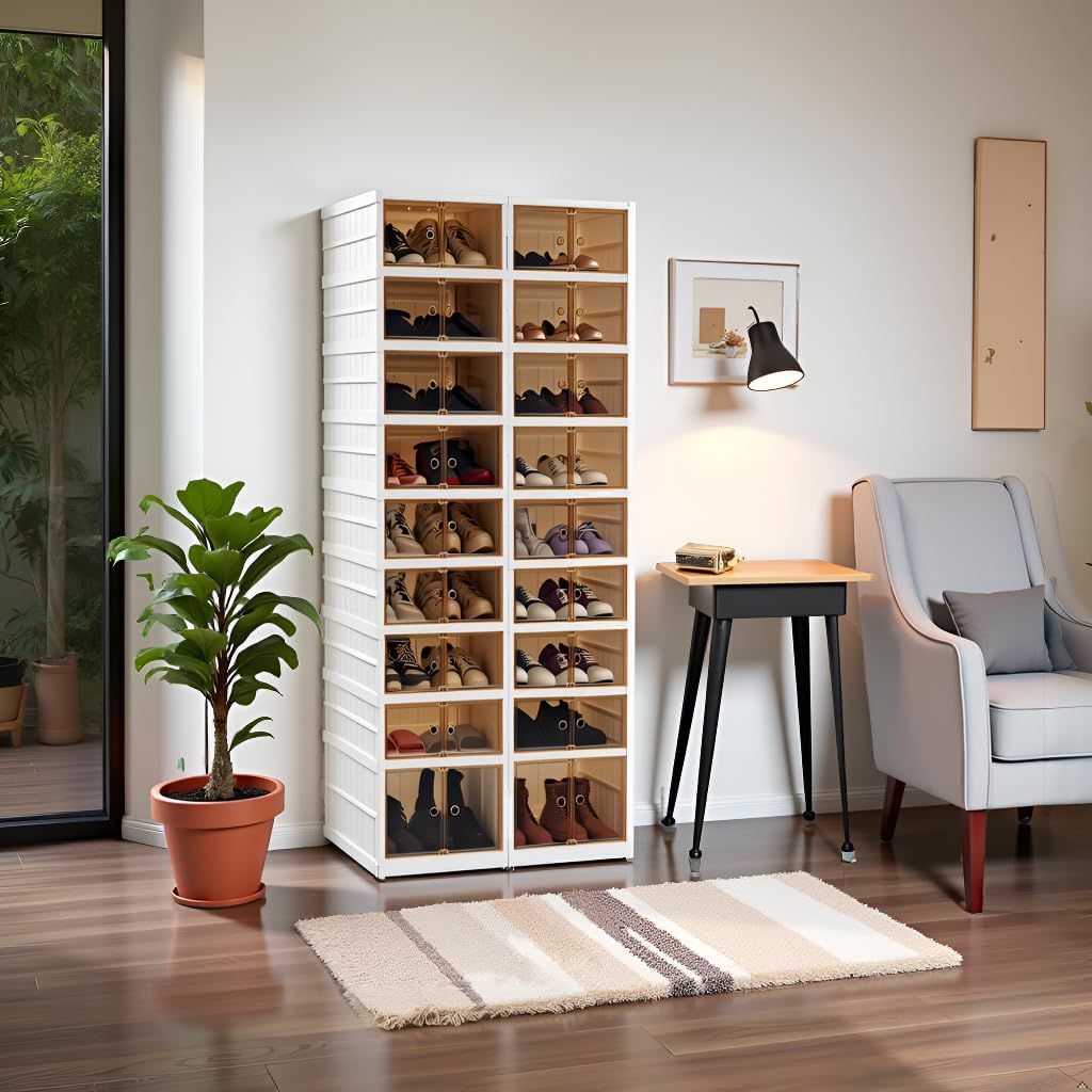 Klappbarer Schuhhalter, 9 Stufe 36 Doppel-Klappschrank, Transparent Stapelbarer Schuh-Aufbewahrungskasten, Magnetsaugtürrahmen mit Rädern, weiß