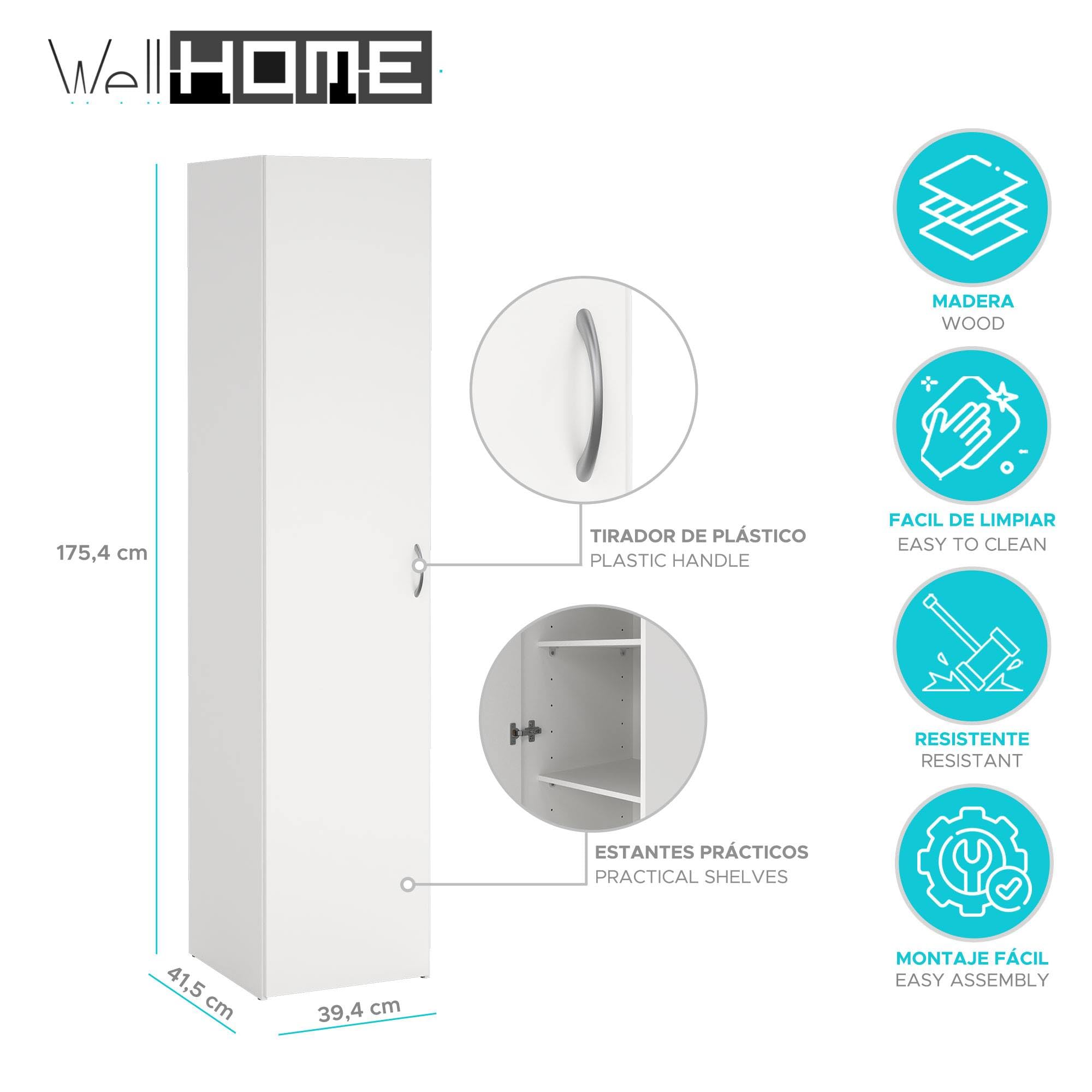 Armario Dormitorio Duero White con 1 Puerta en Color Blanco 40 x 42 x 176 cm