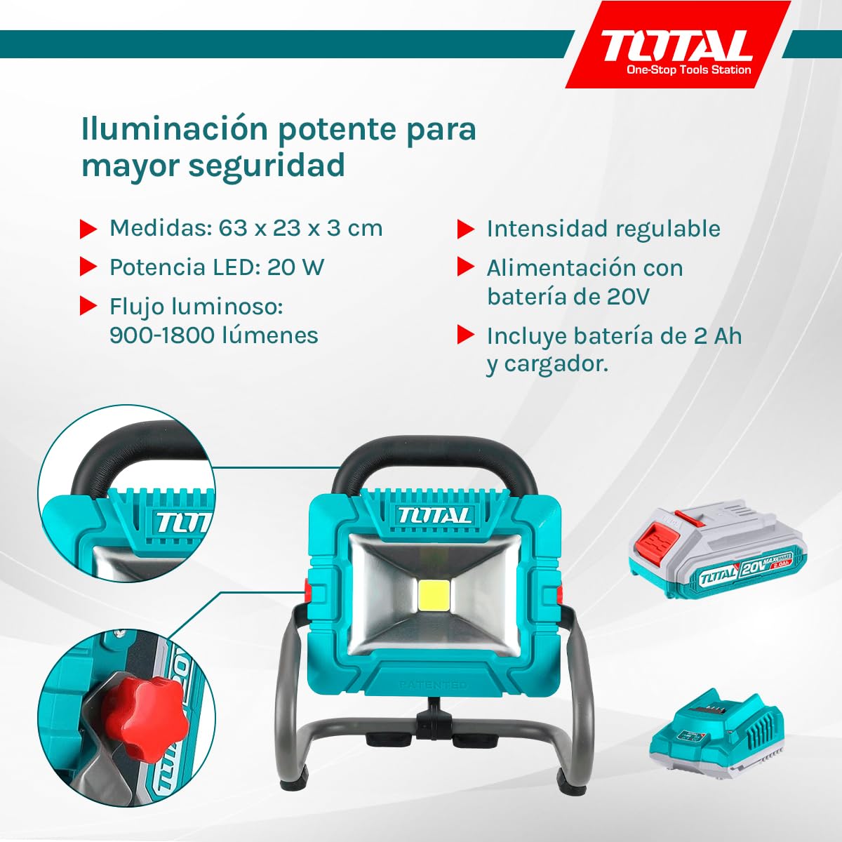 Total - Foco LED a Batería 20V - Iluminación Potente y Regulable para Exteriores, Jardines, Obras y Campamentos - Incluye Batería de 2Ah y Cargador - 900-1800 Lúmenes - Medidas: 63 x 23 x 3 cm