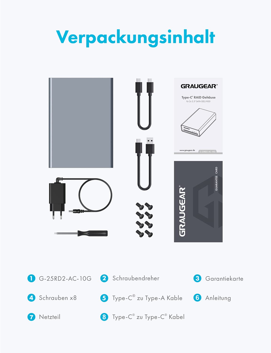 GRAUGEAR | Boîtier Raid Externe | 2 x 2,5" SATA SSD/HDD | Type-C® USB 3.2 Gen2 (10Gb/s) | Raid 0, RAID1, Single, Large | USB-C | USB-A | Aluminium | Bloc d'alimentation | G-25RD2-AC-10G