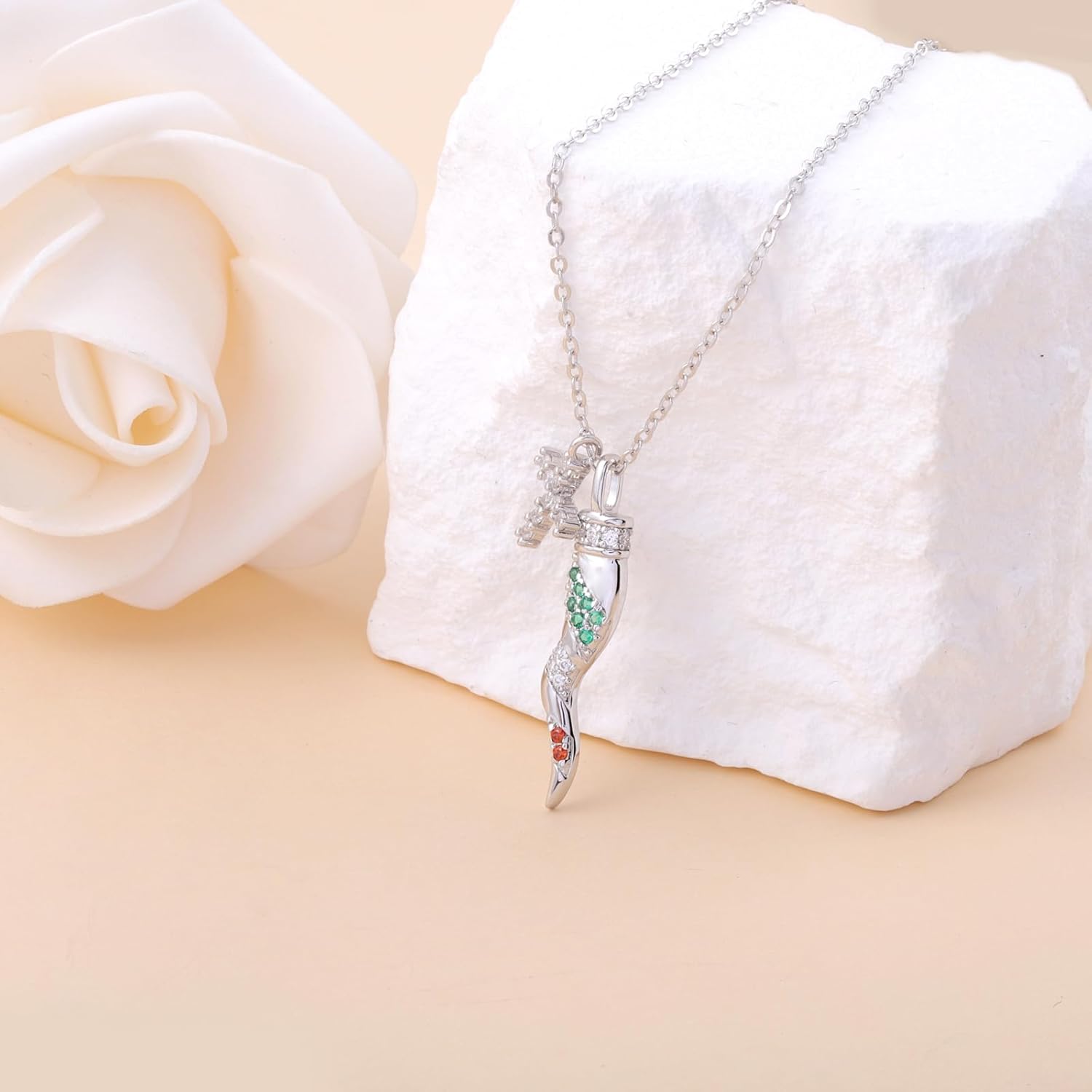 Italian Horn Necklace for Women - 925 Sterling Silver Cubic Zirconia Cross Lucky Cornicello Necklace Amulet Pendant Italian Jewelry Gifts for Men - Image 3