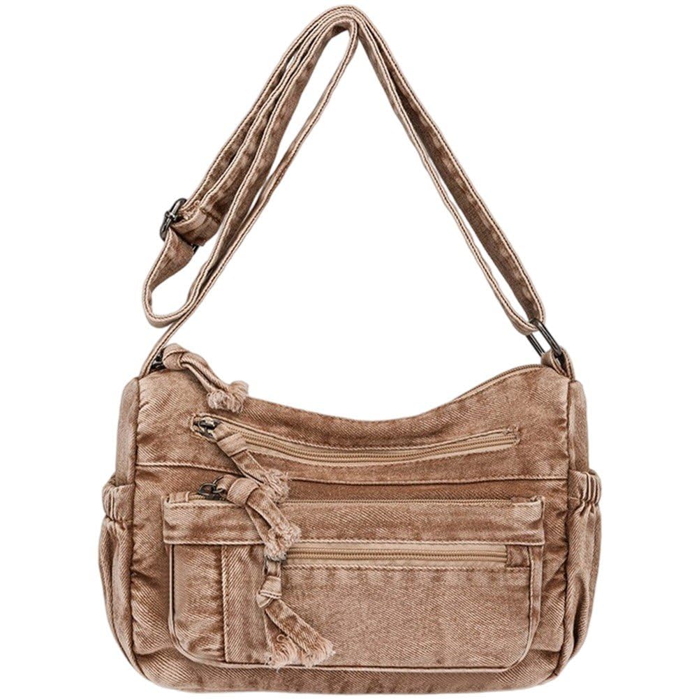 Uzztfa Women's Khaki Large Denim Shoulder Bag Denim Crossbody Handbags Casual Style Lightweight Tote Purse Retro Denim Purses Jean Shoulder Bag