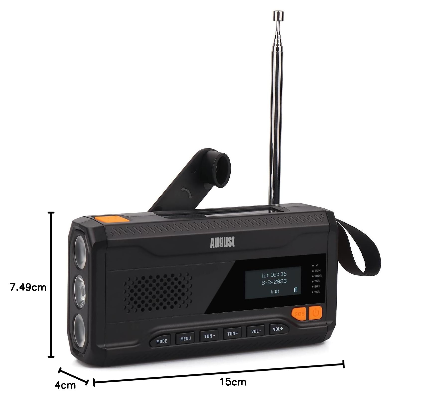 August MB290B - Radio Dynamo de Survie Portable, Solaire à Manivelle FM/Dab/Bluetooth, Batterie 4500mAh, Chargeur USB pour Téléphone, Lampe Torche/SOS - Idéale pour Camping/Extérieur/Urgence - Noir