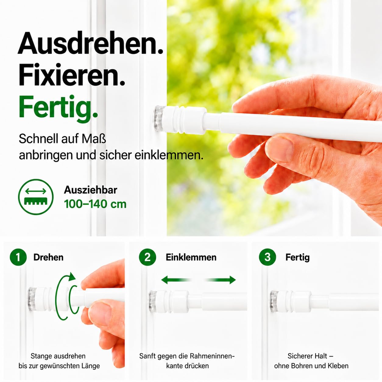 Klemmstange ohne Bohren 2er-Pack stufenlos ausziehbar 100–140cm Weiß Ø14mm | Gardinenstange zum Klemmen, kein Kleben, Gummipuffer, für Scheiben- & Bistrogardinen, perfekt für Mietwohnungen & Küche