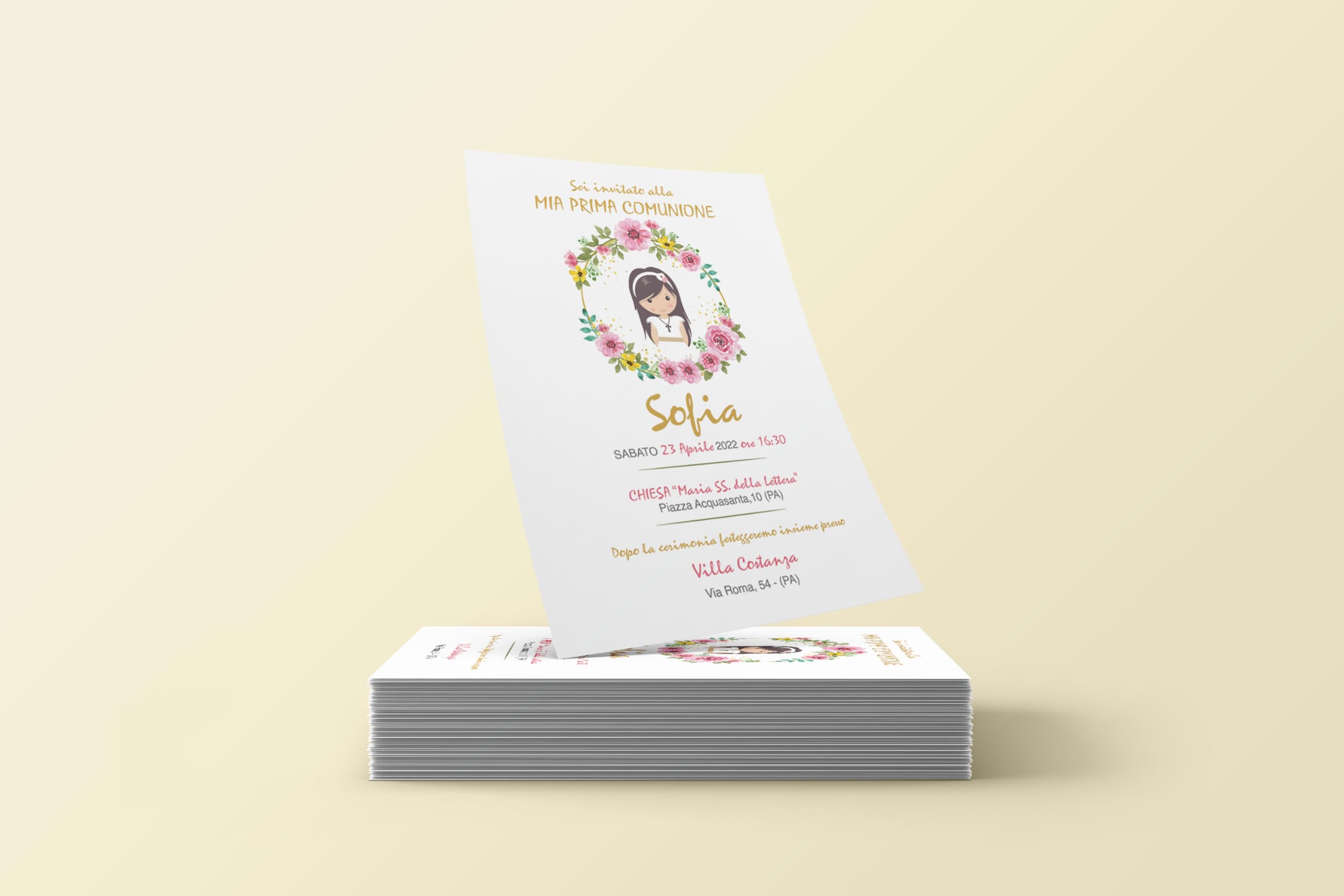 15 Inviti Prima Comunione Personalizzati A Forma Di Busta – Cartoncino Martellato 250 Gr, Con Nastrino, Formato 15x28 Cm