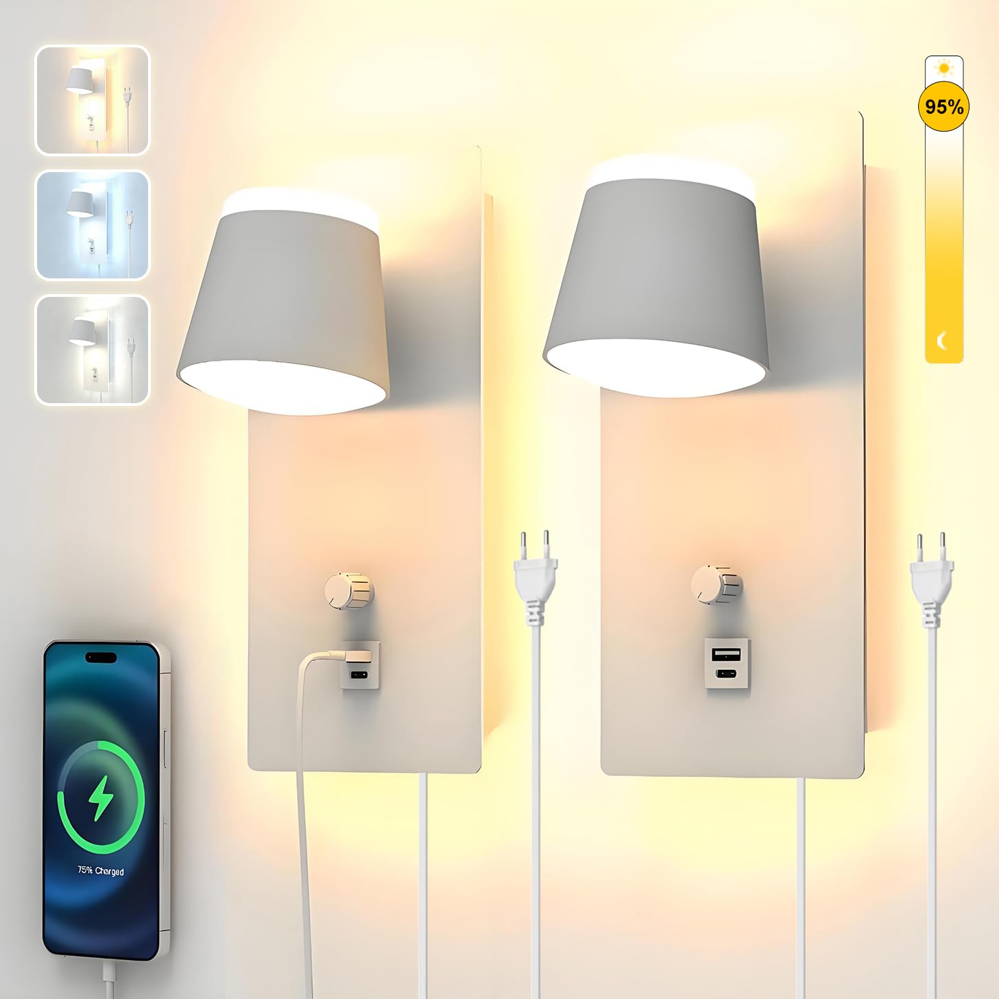 Sytmhoe 25W Dimmbar Wandleuchte Bett mit Stecker Kabel USB-C 3CCT 2 Stück | Matt weiß 2000LM 3000 K 4500 K 6000 K umschaltbar arbeitszimmer Leselicht wandlampe leselampe, steckfertig, mit sanftes licht
