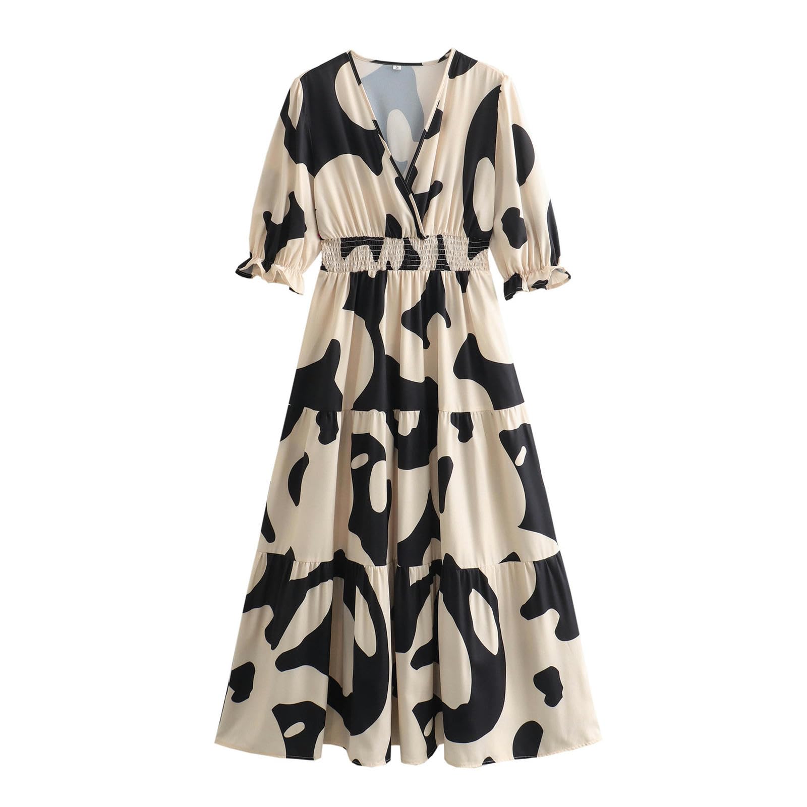 Robe d'été imprimée fluide col v demi-manches taille haute