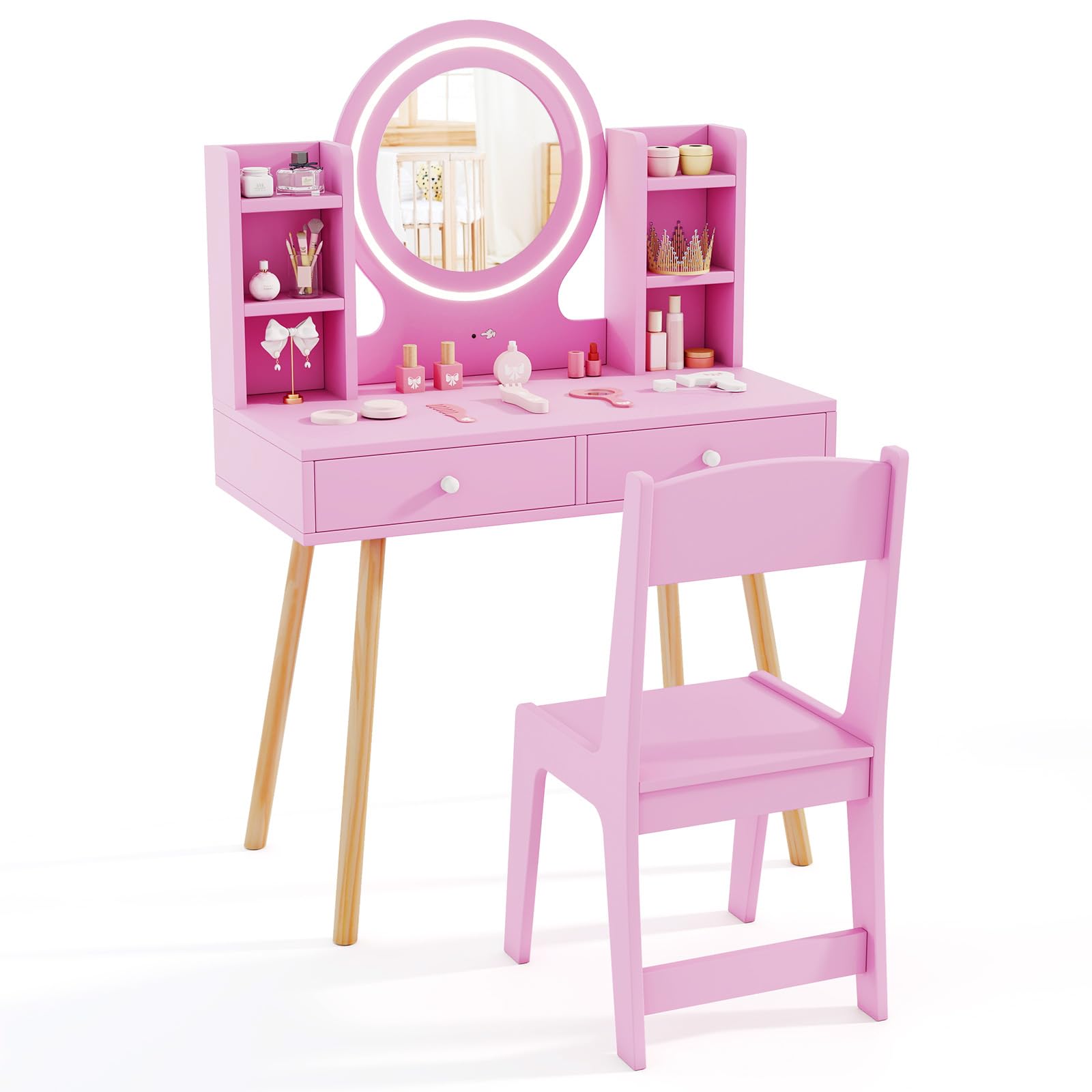 HONEY JOY Kids Vanity, Girls Vanity Set with Mirror and Stool and Lights, Drawers & Storage Shelves, Toddler Makeup Vanity Dressing Table, Pretend