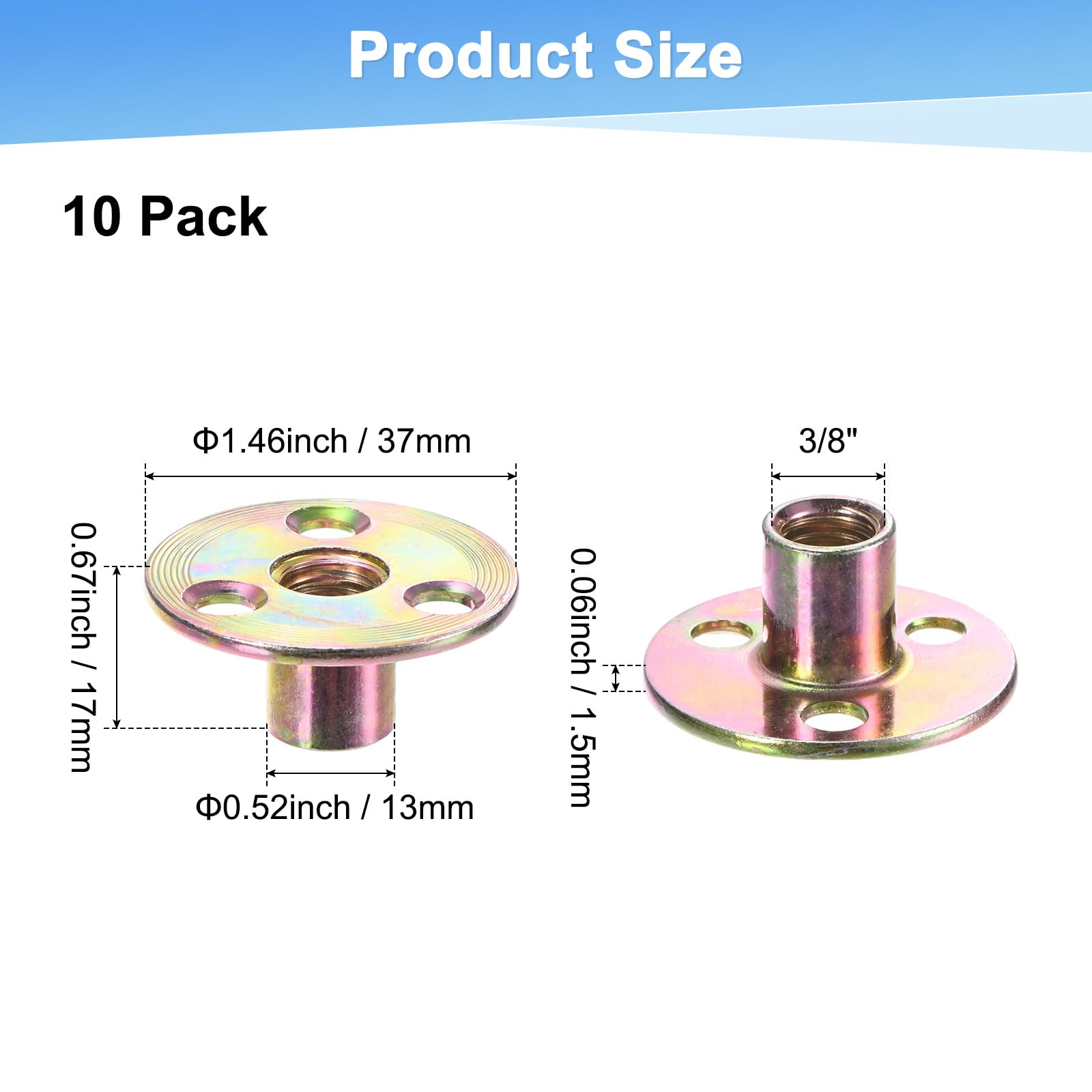M METERXITY 10-Pack 3/8" T-Nuts Zinc Plated Carbon Steel Tee Nut 3-Hole Round Base Weld Nuts Through Hole Furniture Hardware Flange Insert Female Thread Gold - Image 3