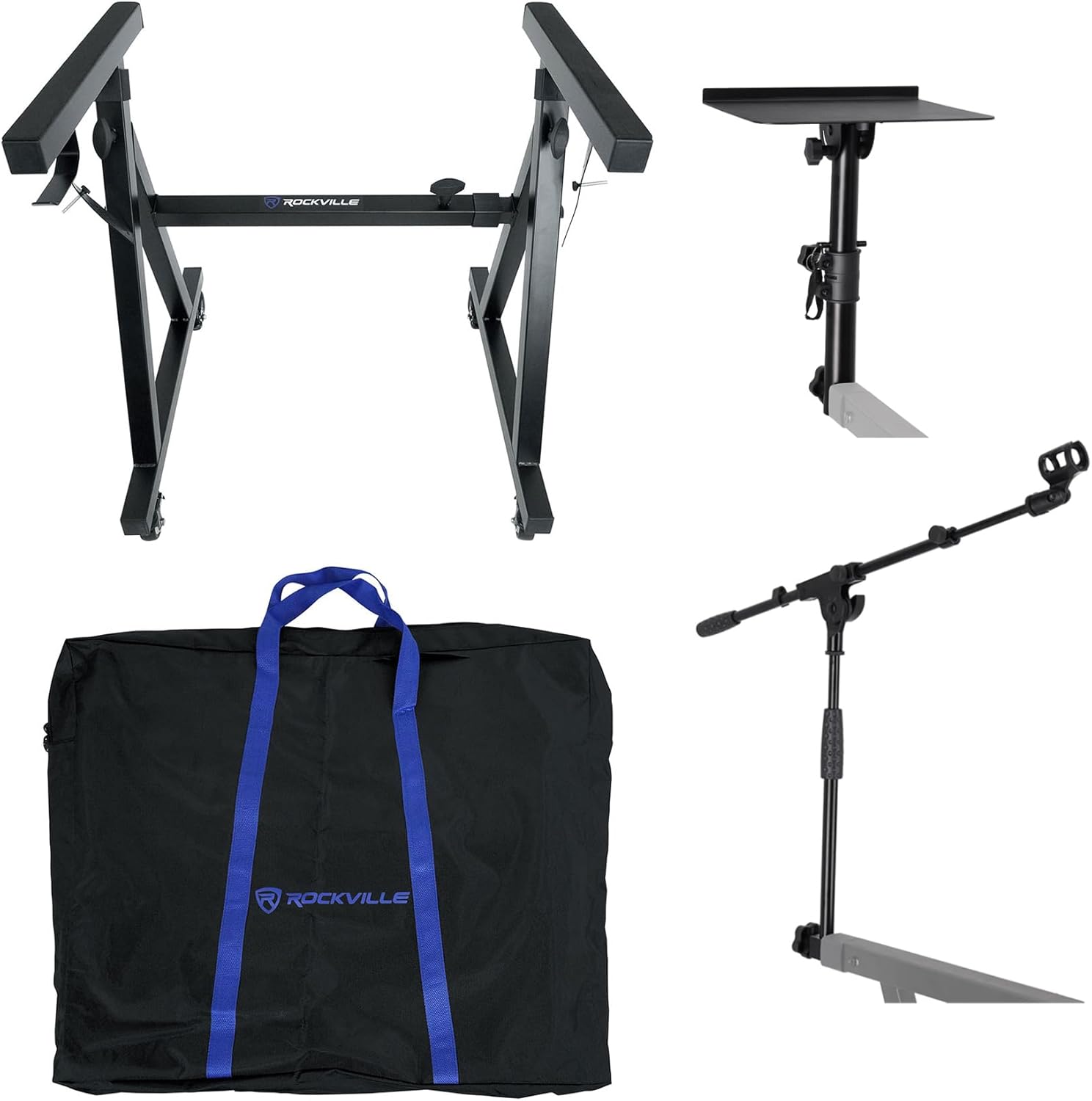 Rockville Z40W Bundle: Z-Style Pro Keyboard Stand with Wheels and Bag, Adjustable Height & Width, ZLS Laptop Stand Attachment, ZMS Microphone Boom Attachment, 3-items