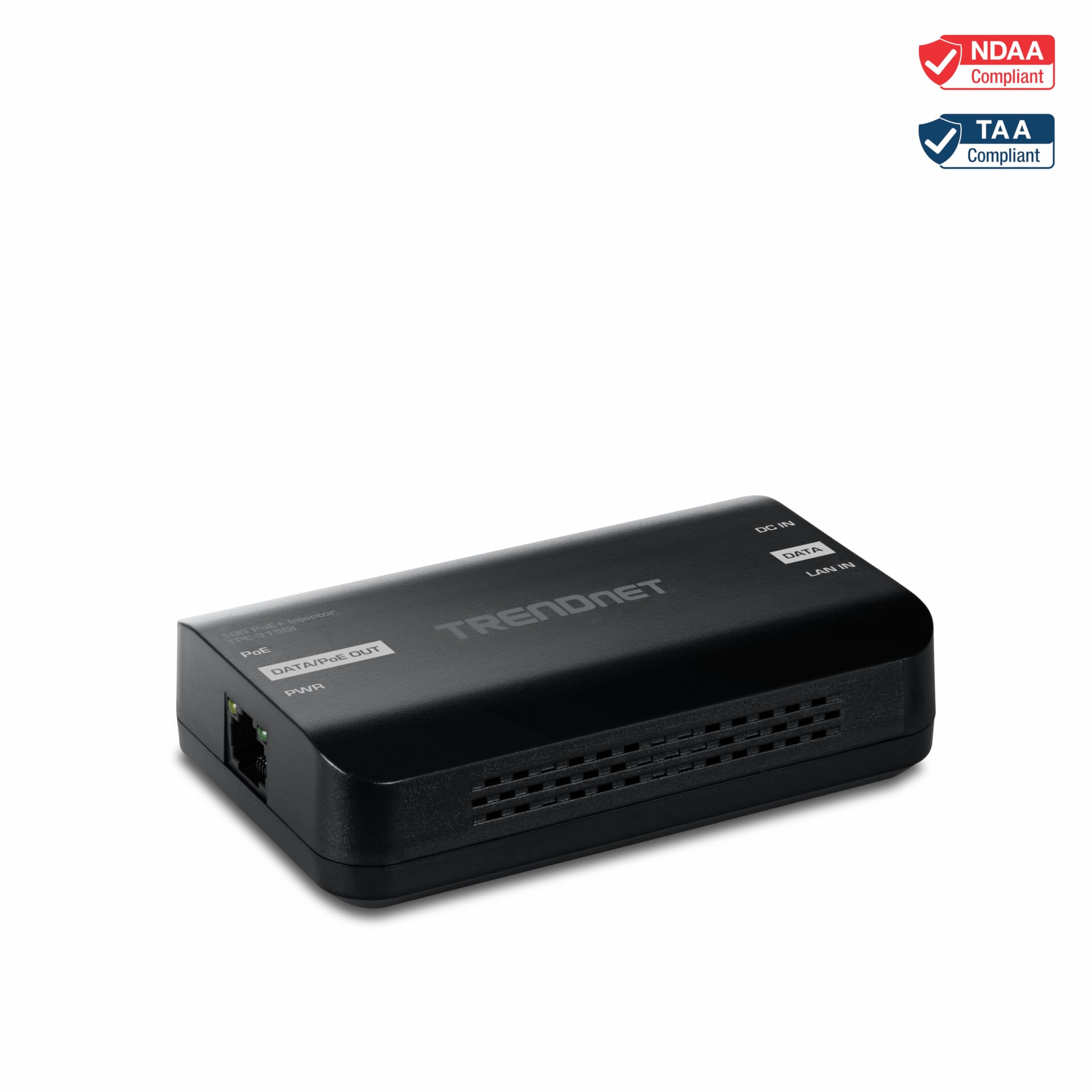 TRENDnet Wtryskiwacz PoE+ 10G, TPE-315GI, konwertuje port non-PoE na port PoE+, PoE (15,4 W) lub PoE+ (30 W), kompatybilny z 10GBASE-T, do 100 m (333 stóp), czarny
