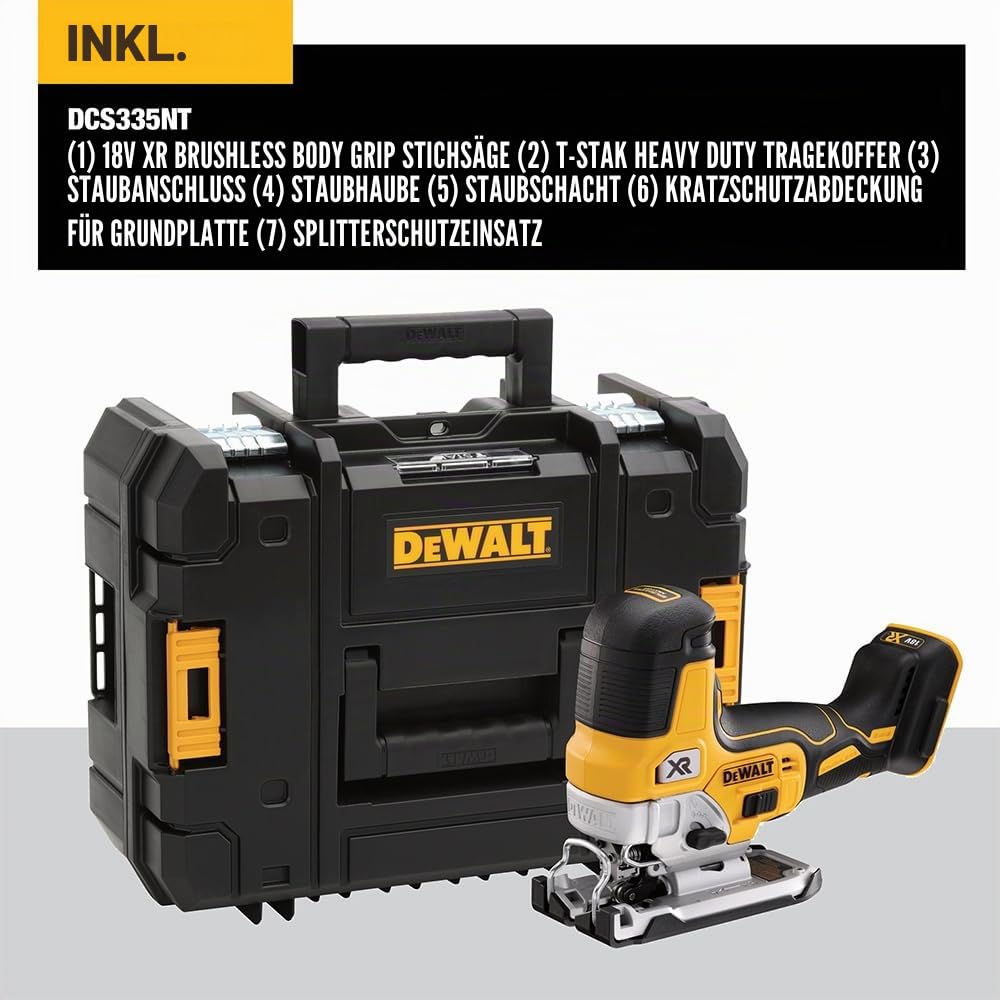 Dewalt 18V Akku-Pendelhubstichsäge DCS335NT (bürstenlos, verstellbarer Alu-Druckguss-Sägeschuh, 3-fach Pendelhub, inkl. Absaugadpater, Sägeschuh-Schutzauflage, TSTAK Box II, Lieferung ohne Akku)