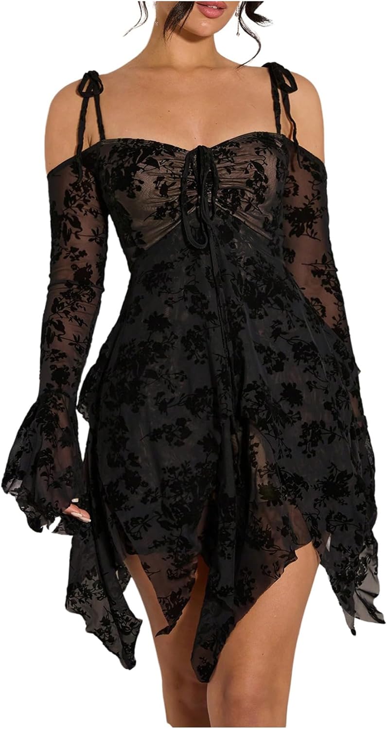 WDIRARA Women's Floral Lace Asymmetrical Short Dress Y2k Cold Shoulder Long Sleeve Sheer Dresses
