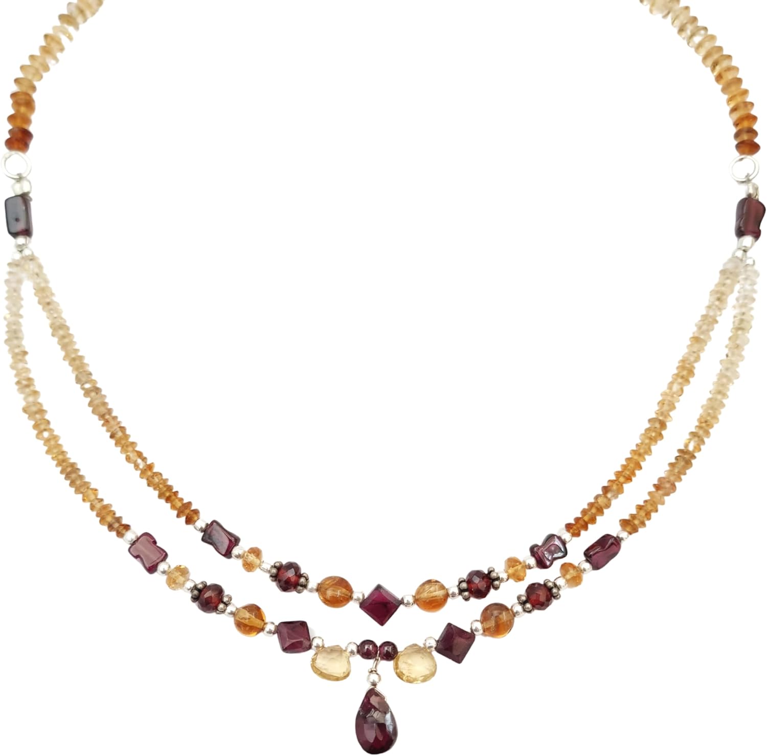 Natural Yellow Citrine Pink Garnet Beaded Necklace Sterling Silver Crystal Strand for Women Gemstone Jewelry