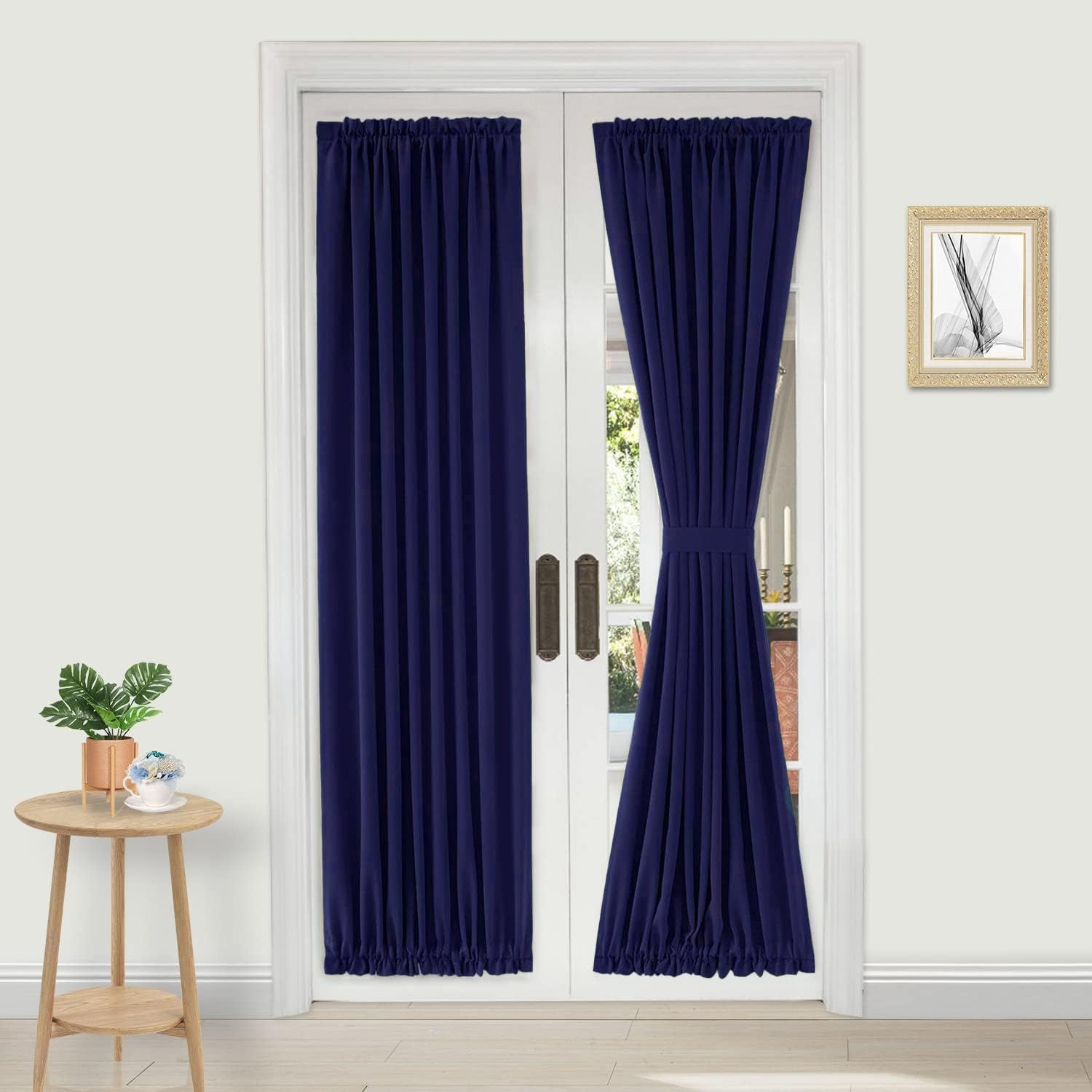 DWCN French Door Curtains – Rod Pocket Thermal Blackout Curtain for Doors with Glass Window, Kitchen and Patio Doors for Privacy, 25 X 72 Inches Long, 1 Curtain Panel with Tieback, Dark Blue