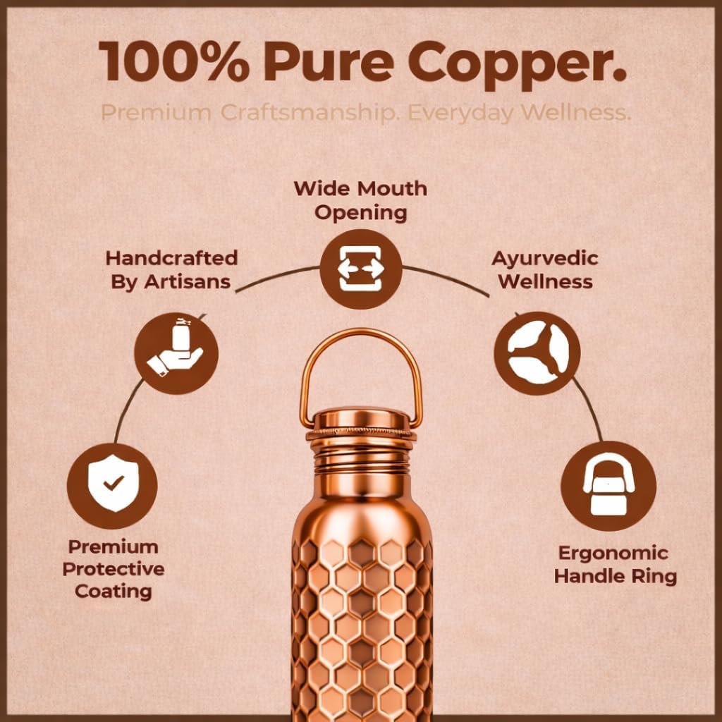Premium Pure Copper Water Bottle – 32oz Honeycomb Design – Leak-Proof Ayurvedic Copper Vessel for Daily Hydration – Handcrafted & Eco-Friendly