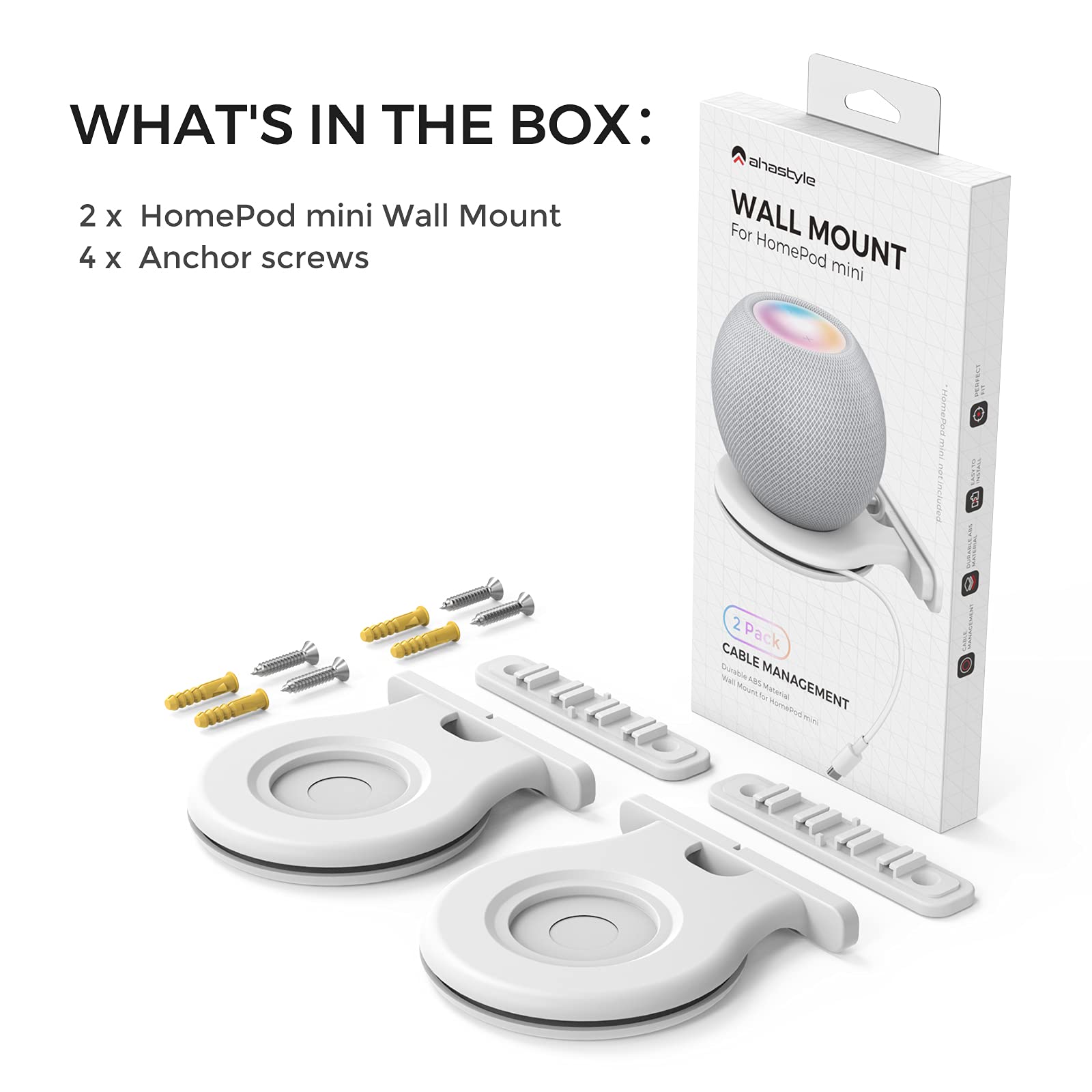 AHASTYLE Supports Muraux pour Apple Homepod Mini [Gestion intégrée du Cordon] ABS Support de Stable Compatible avec HomePod Mini [Besoin de percer] (Blanc-2 Pack)