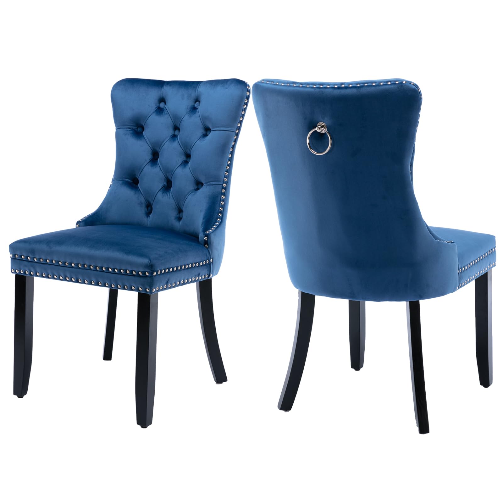 MZDOO Velvet Dining Chairs Set of 2, Tufted Upholstered Dining Room Chairs with Back Ring Pull, Nailhead Trim and Solid Wood Legs, Modern Dining