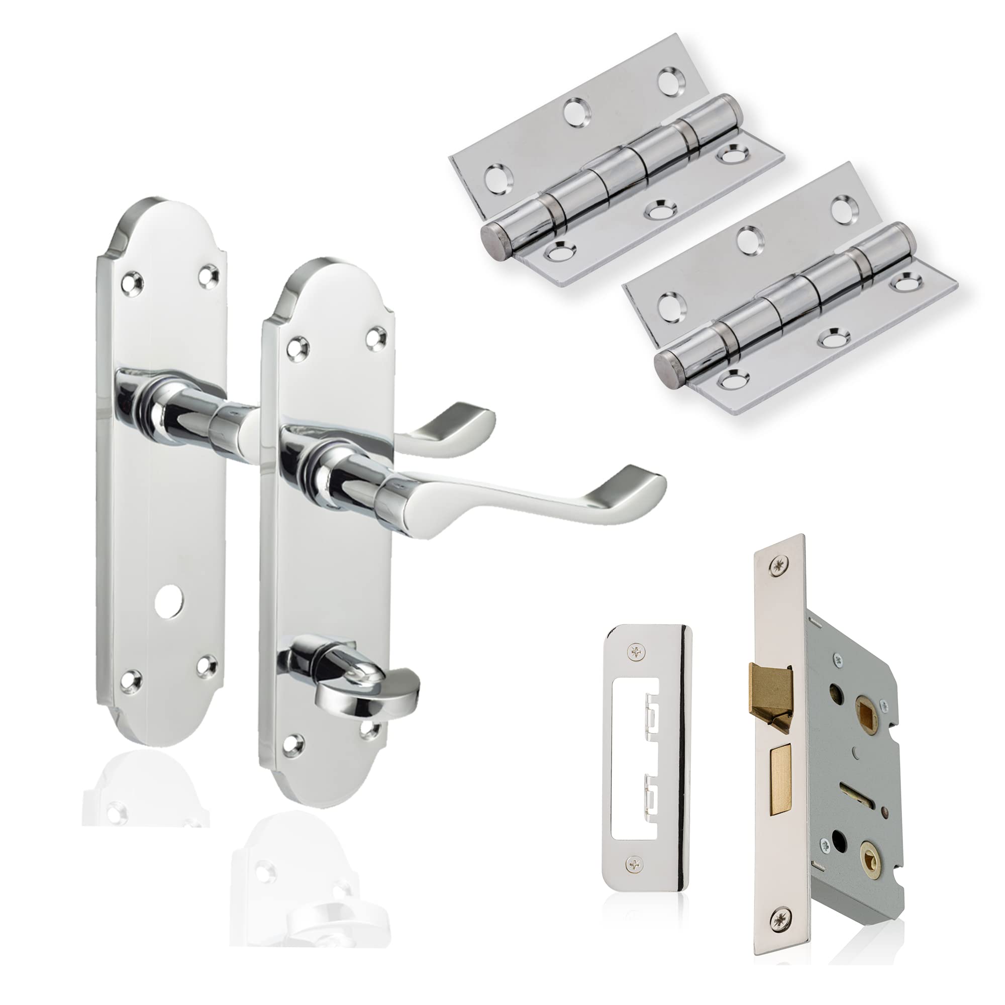 Xfort Polished Chrome Chrome Elegance Range Richmond Bathroom Pack, Complete Set With Bathroom Handles, 65Mm Mortice Lock And 75Mm Ball Bearing Hinges, For Internal Wooden Doors