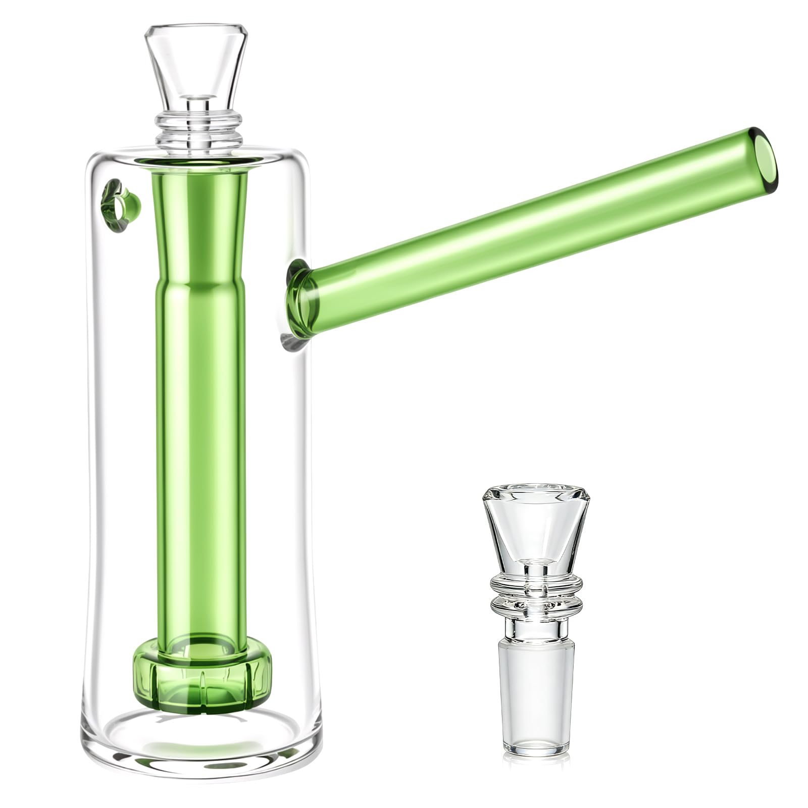 Glasbong 13,5 cm, Dual-Tone Borosilikatglas, 14 cm breit, 9,5 cm Mundstück, 2×14,5 mm Köpfe, Grüner Stiel, Klare Kammer, Sichere Verpackung