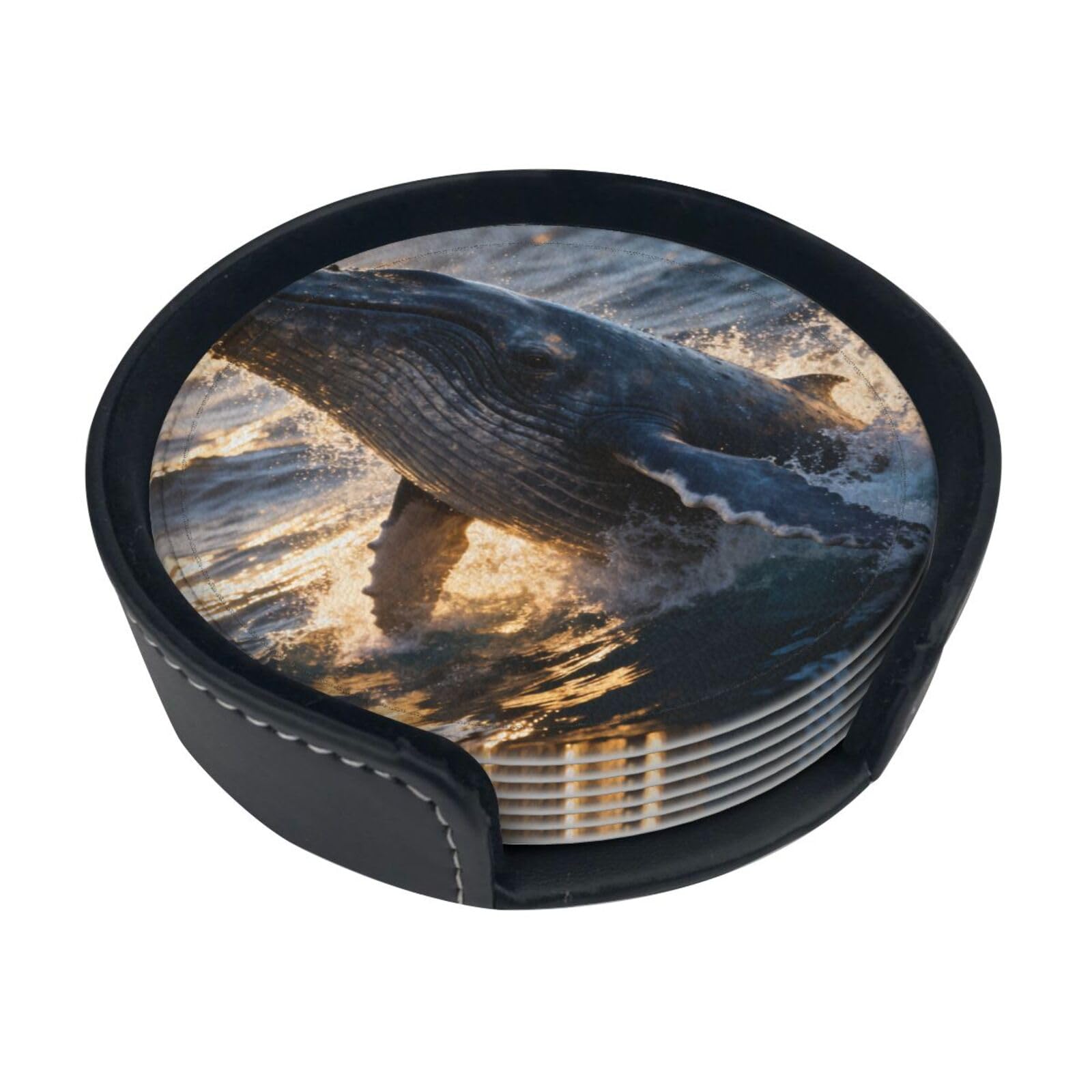 Cntdbu White Humpback Whale Leather Coasters Set Of 6-Pu Leather Drink Mats For Table, Heat Resistant Round Coasters With Holder