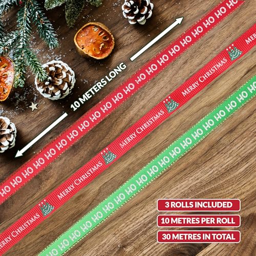 Christmas Ribbon Set – 3 Pack (10m Each Roll, 30m Total) – Red and Green Gift Wrapping Ribbons for Christmas Presents, Crafts, Baubles & Tree Decorations — photo 2