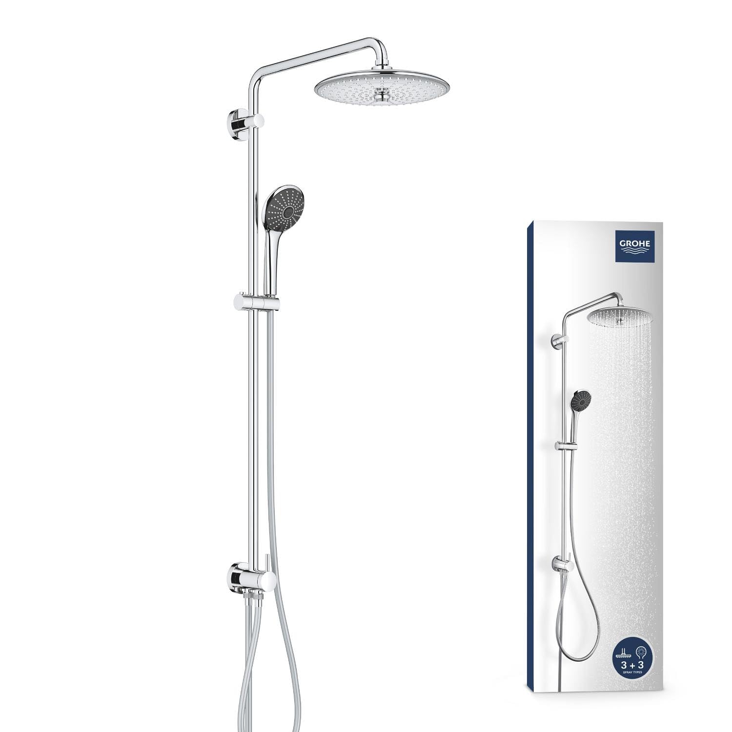 GROHE Colonne de douche avec inverseur Vitalio Joy 260, douche apparente, tête de douche 250mm, barre orientable, pommeau de douche Vitalio Joy 110 3 jets, chromé, 27357002 (Import Allemagne)