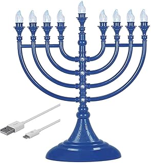 Traditional LED Hanukkah Menorah Powered by Battery or USB Chanukiah Electric Menorah 4' Micro USB Cable Included - Electronic Chanukah Candles Minorah Lighted Hanukah Decorations (Blue)
