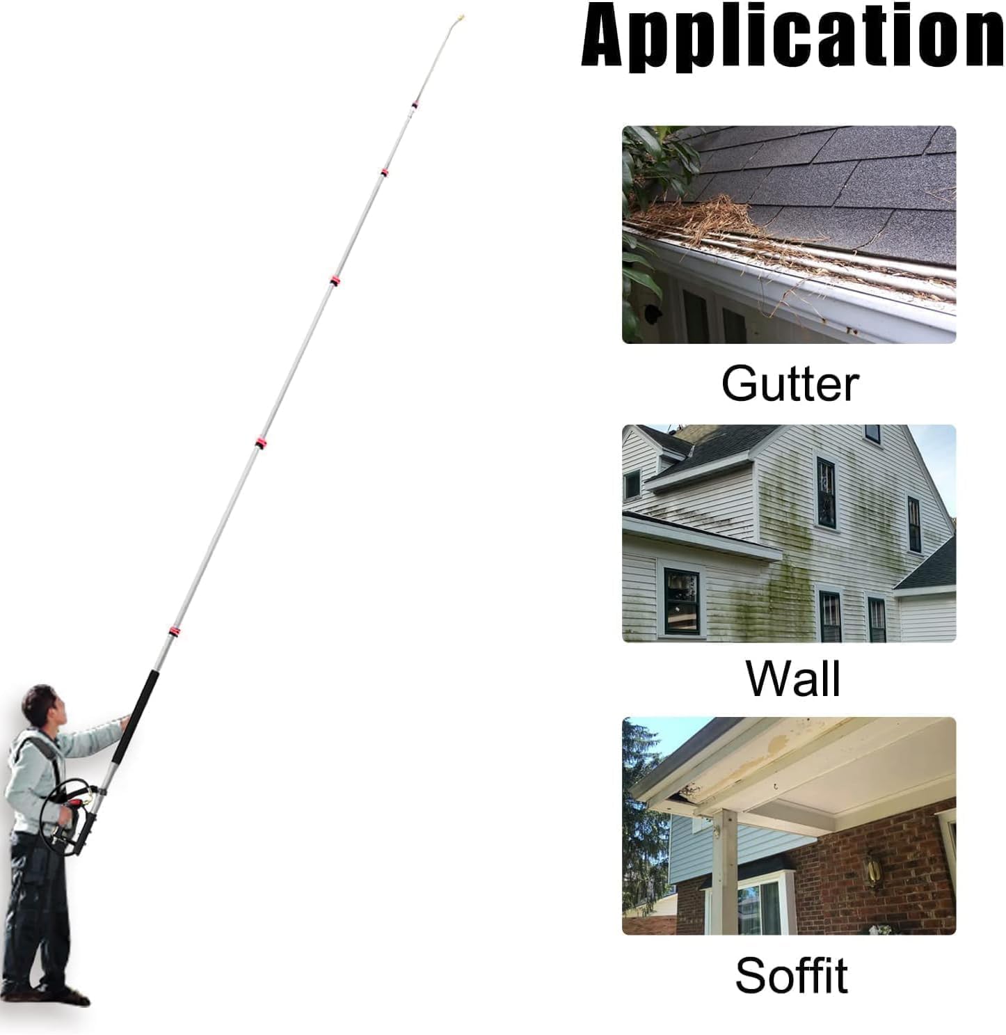 Asta telescopica ad alta pressione da 24 FT con aste di estensione, testa della spazzola, pulitore per grondaie, 7 ugelli spray, 2 adattatori per tubo e cintura di supporto (02 pezzi)
