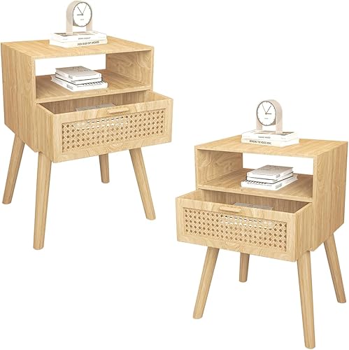 Mesita de noche de ratán moderna Mid-Century (2 juegos), mesa decorativa de madera bohemia con cajón de almacenamiento, mesita de noche para