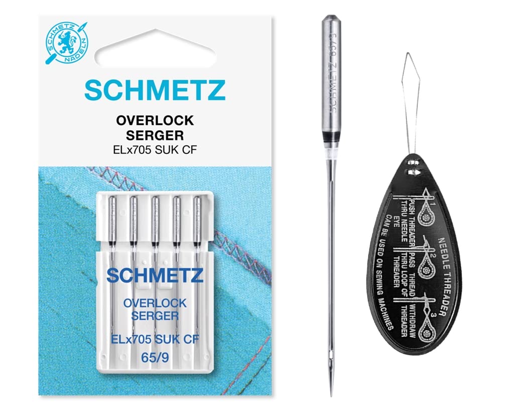 Overlock/Serger ELx705 SUK CF Ballpoint (Medium Ball Point, Chrome Finish) Coverstitch Sewing Machine Needles, Size 65/9, Includes Large Needle Threader