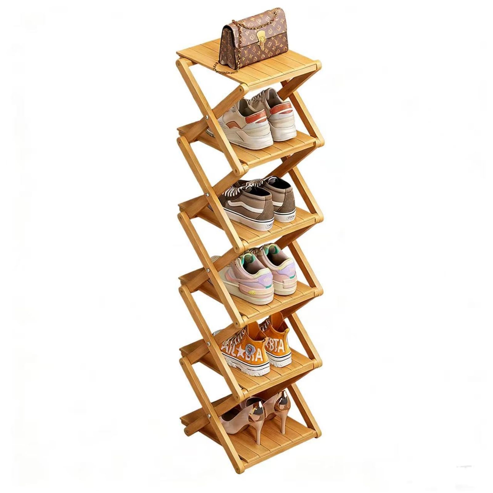 Étagère à Chaussures en Bambou - Aucun Assemblage Requis, Étagère à Chaussures Pliable Haute et Étroite Pour Gagner de la Place Dans Les Éntrées, Coins, Chambres, 6 Niveaux (Renforcée et Épaissie)