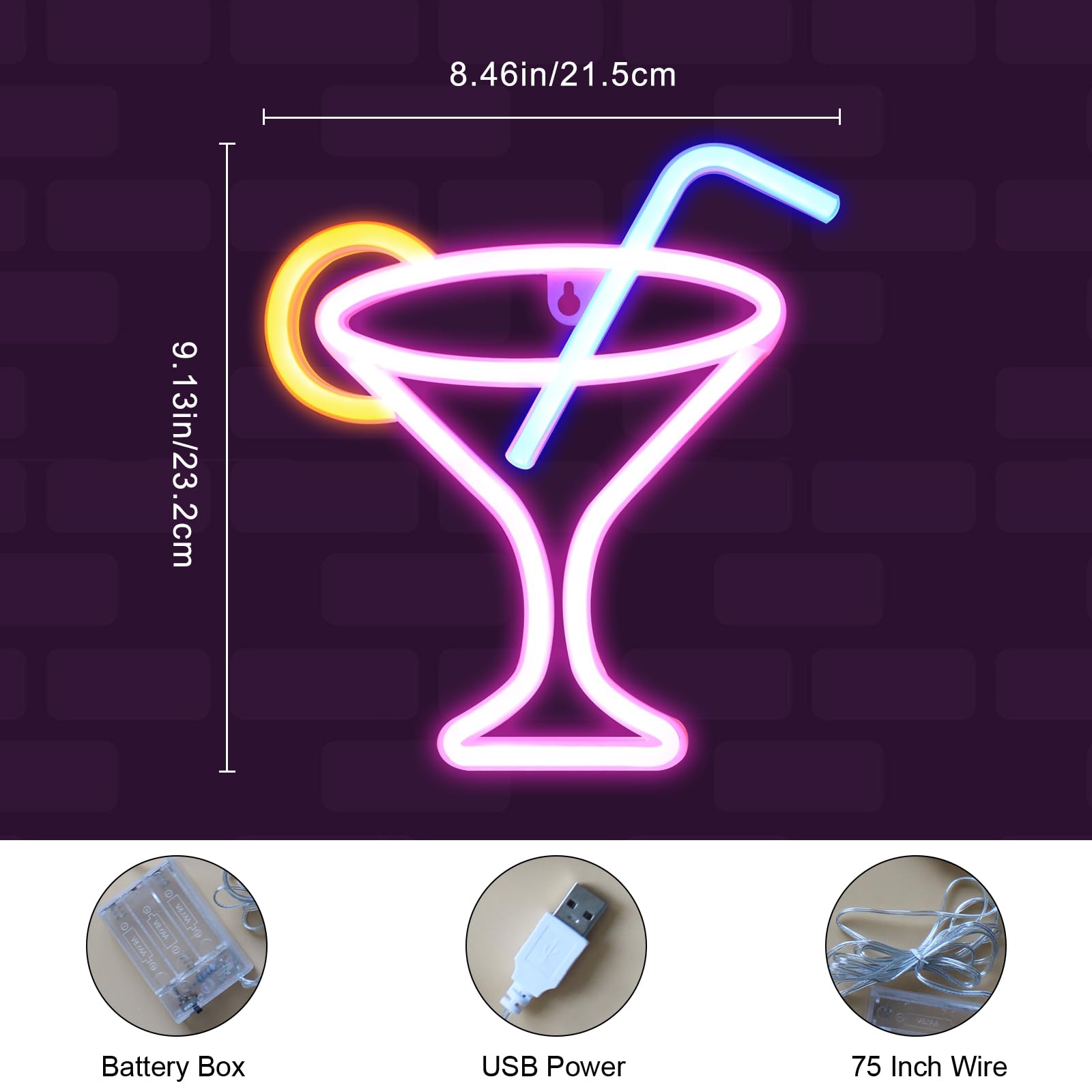 Panneau Néon Multicolore Pour Cocktails LED - Verre à Vin Lumineux - Double Alimentation USB Et Piles - Décoration Murale Bar Et Club
